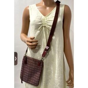 Coach Signature Print Crossbody Bag With Adjustable Strap & Zip Closure - Maroon
